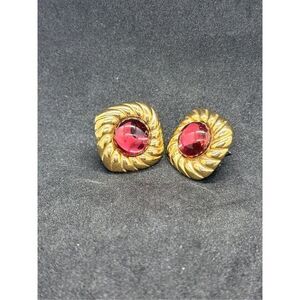 VINTAGE RED And Gold tone Pierced Studs Earrings Vintage 80s 90s MINOR WEAR GOOD